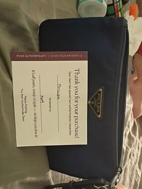 Prada Navy Nylon Wristlet with Gold Triangle Logo